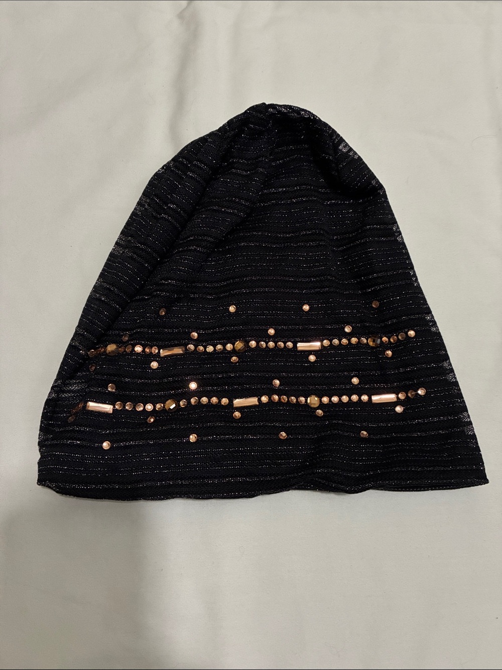 Black & Silver Beanie Cap Hat Rhinestone Bejeweled